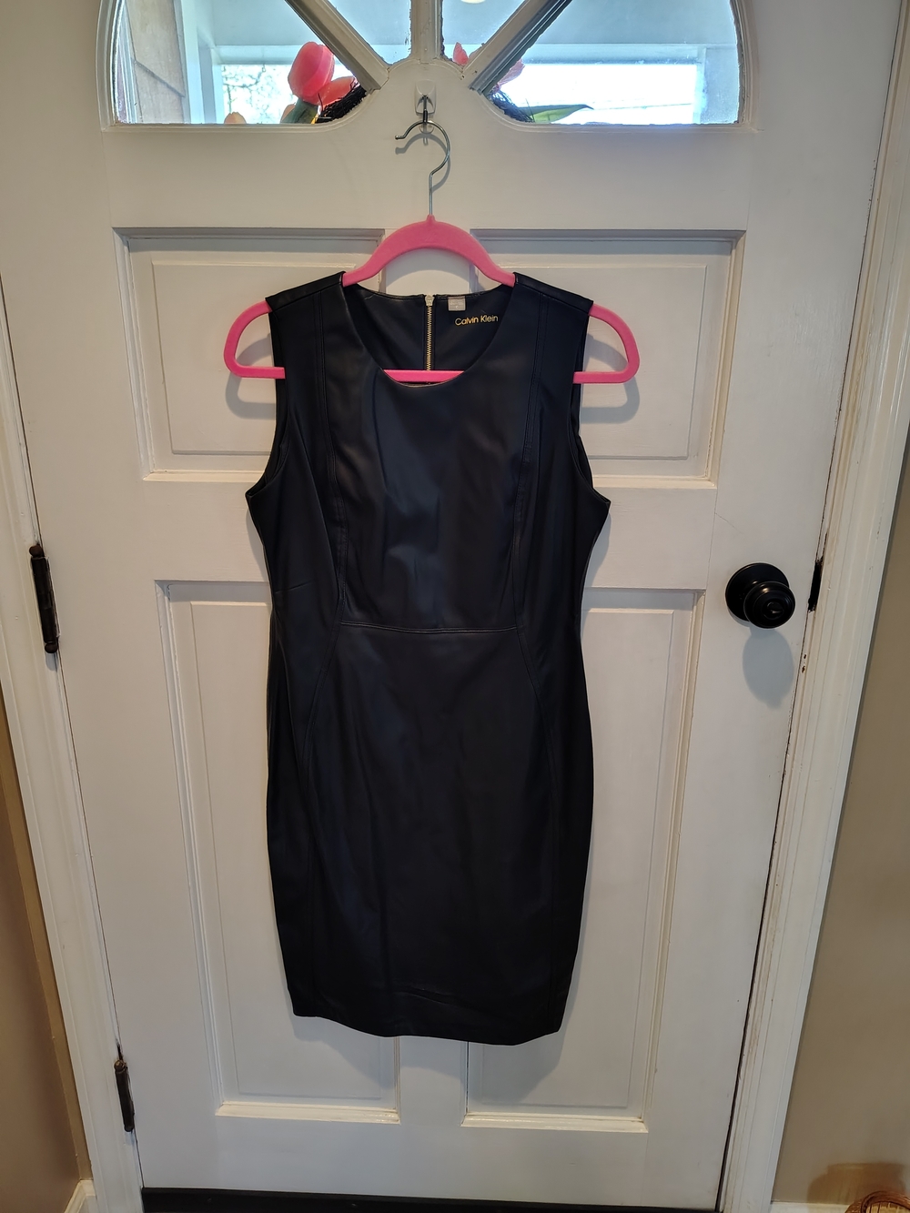 Calvin Klein Black Sleeveless Faux-Leather Midi Sheath Dress Sz. 10